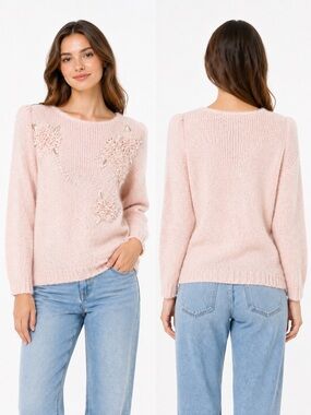 Vintage Blush Pink Knit Sweater Floral Appliqué Soft Feminine Coquette M